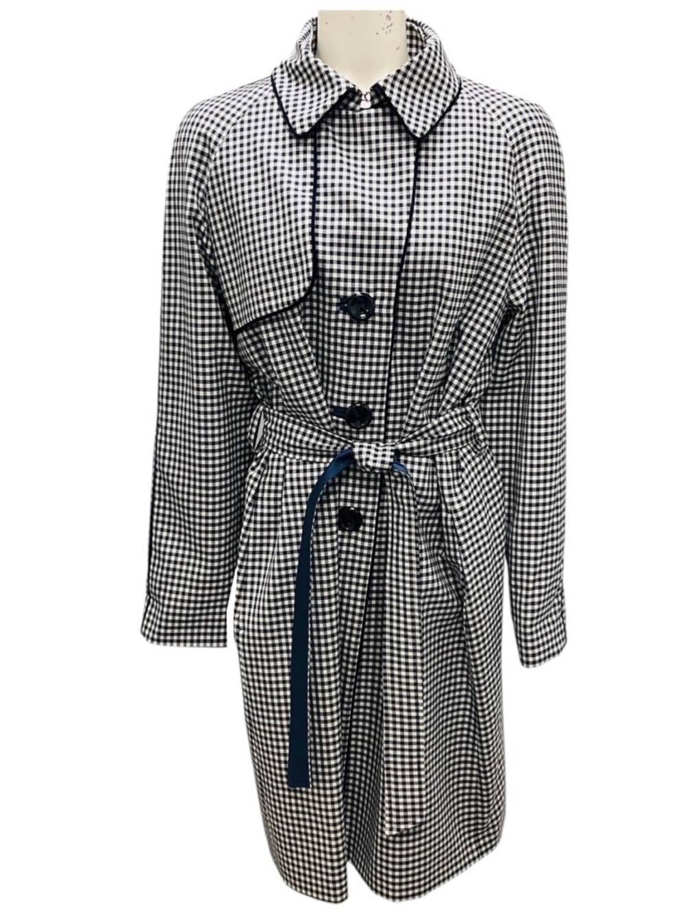 PAUL STUART NAVY BLUE / WHITE GINGHAM CHECK TRENCH COAT WITH BELT